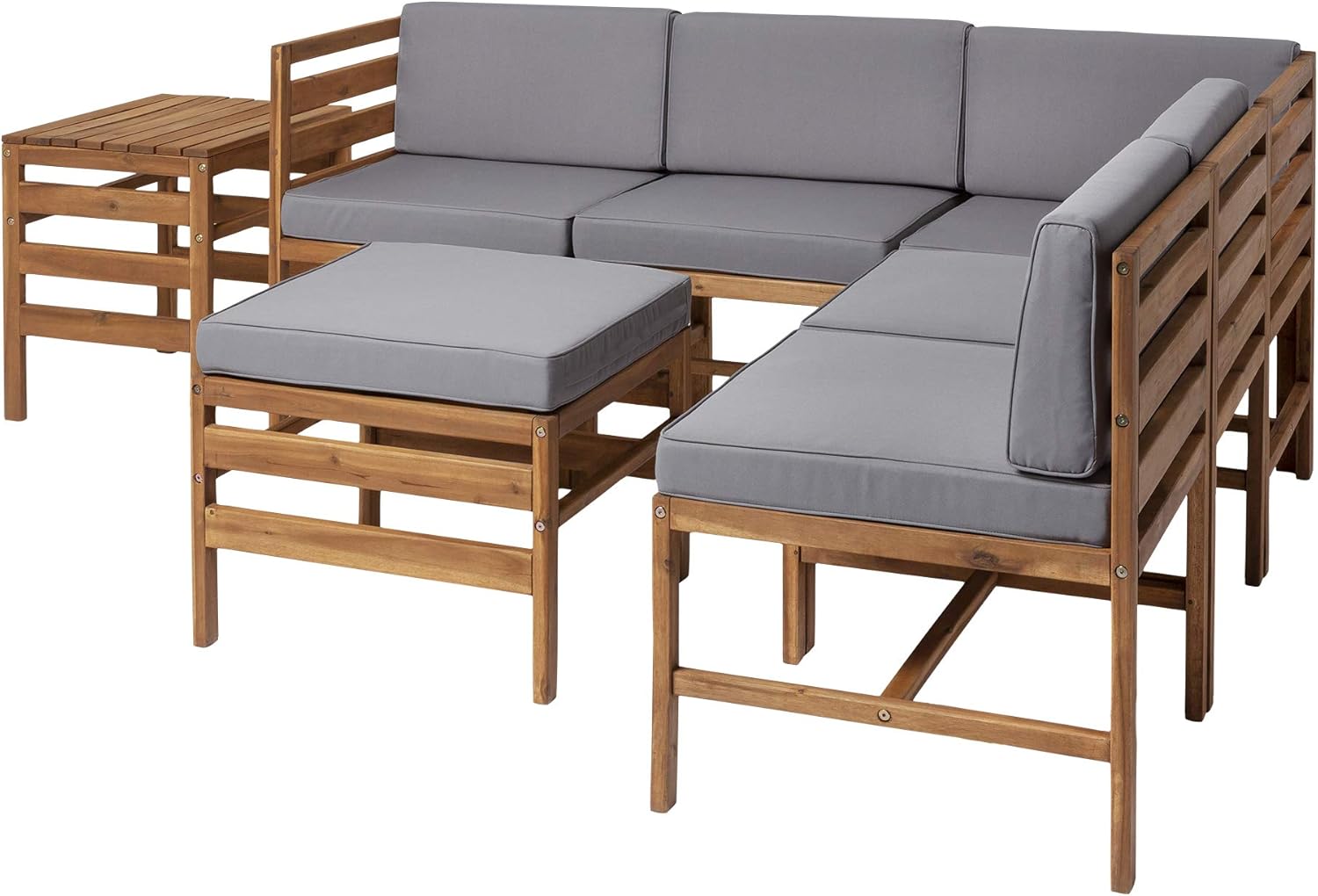 Walker Edison Raya Modern 7 Piece Modular Solid Acacia Wood Patio Set, Set of 7, Brown : Garden & Outdoor