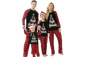 FULA-bao Matching Family Pajamas Sets Christmas PJ's Letter Print Top and Plaid Pants Jammies Sleepwear