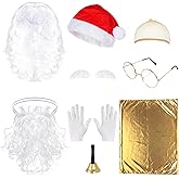 baotongle Santa Claus Beard and Wig Set for Adult Men Santa Costume Accessories Beard Wig Eyebrows Hat Glasses Gloves Satin Gift Bags Hand Bell Perfect for Holiday Celebrations Parties Festive Events
