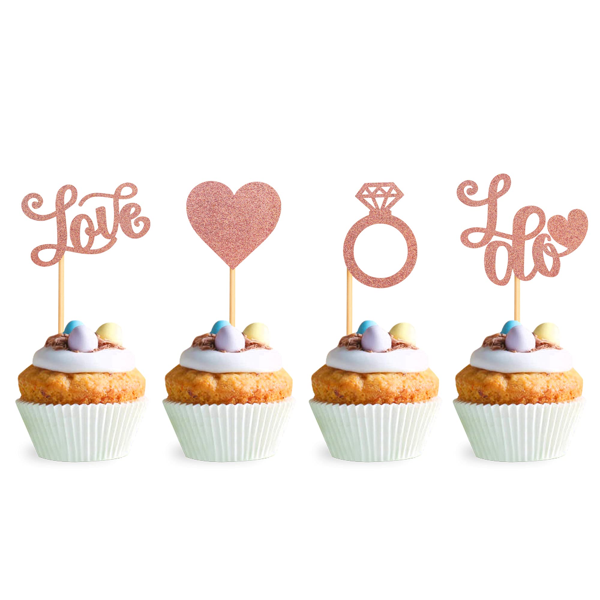 Blumomon 24Pcs Rose Gold Glitter Diamond Ring Love I Do Cupcake Topper Picks for Wedding Engagement Bridal Shower Party Cake Decorations