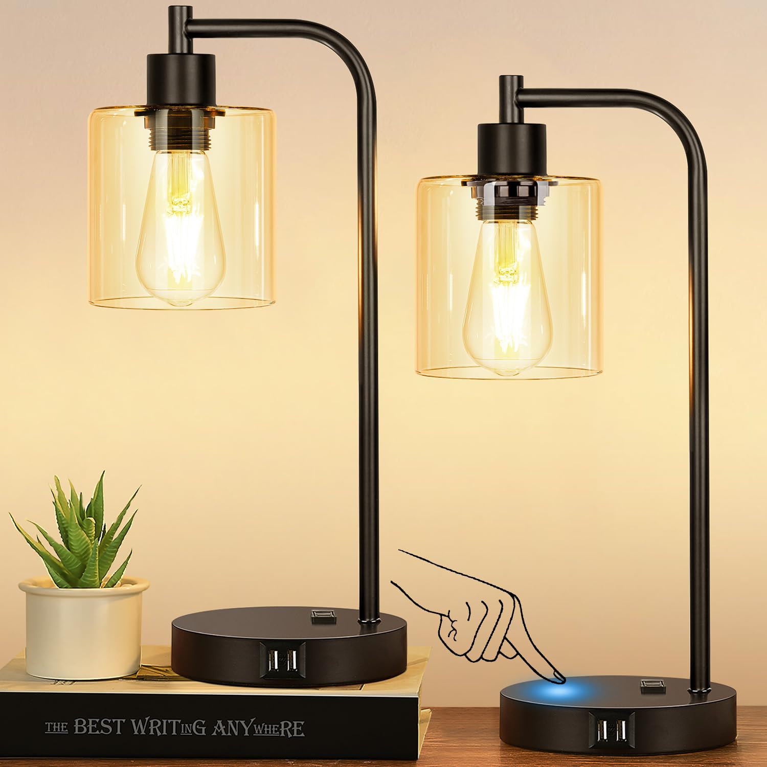 Photo 1 of *PARTIALLY FUNCTIONAL** Industrial Touch Control Table Lamps with 2 USB Ports and AC Outlet - 3-Way Dimmable Black Bedside Lamp Nightstand Desk Lamps for Bedroom Living Room, Amber Glass Shade & 2 LED Bulbs Included