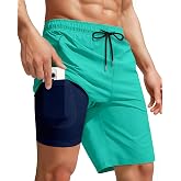 Yufawow 9 Inch Men Swim Trunks with Compression Breathabe Liner Quick Dry Zipper Pockets for Board Beach Gym Running