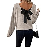 BEAUDRM Women's Fall Tunics V Neck Bow Tops Lightweight Sweater Long Sleeve Ribbed Knit Oversize T-Shirt