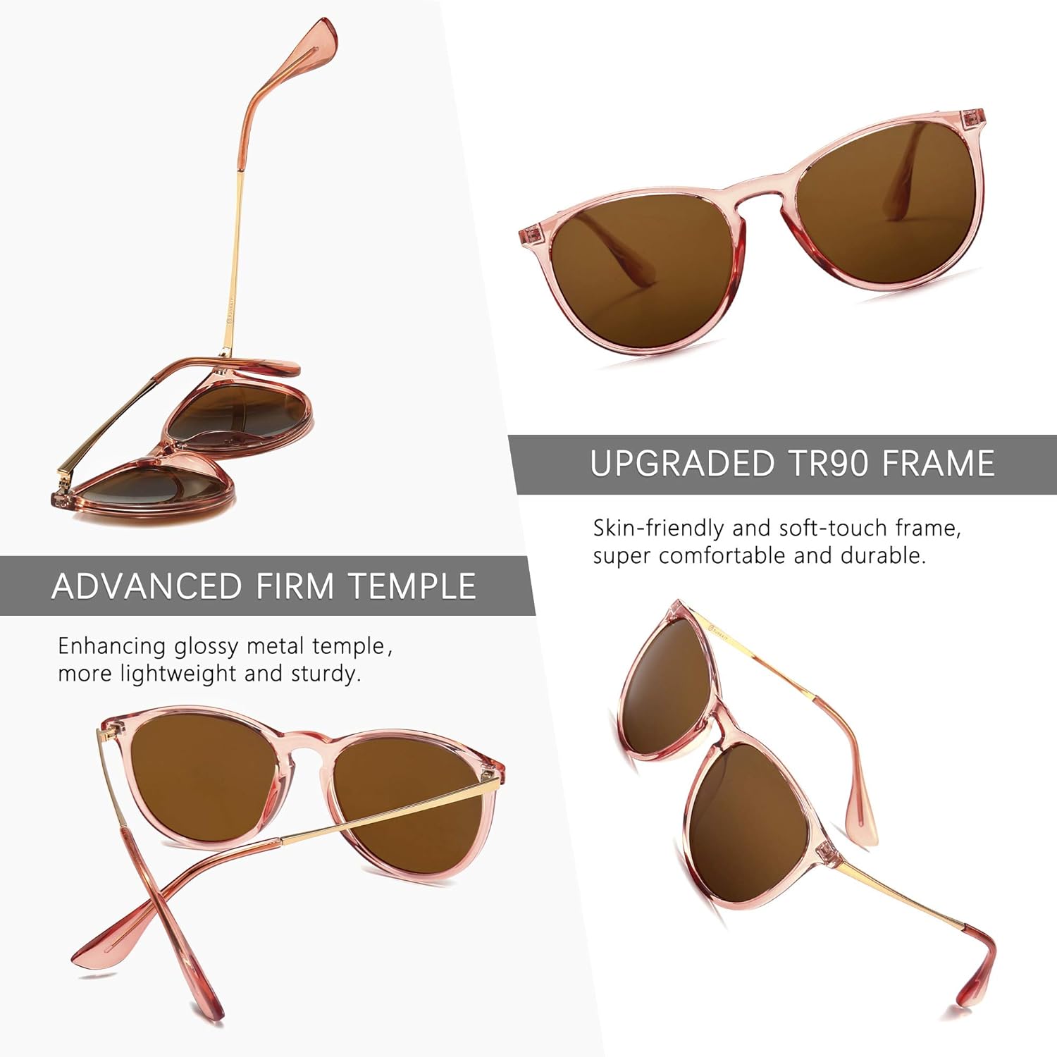 SUNGAIT Vintage Round Sunglasses for Women Men Classic Retro Designer Style (Polarized Light-Brown Lens/Pink Brown Frame(Glossy Finish) SGT567 PGTCKC: Clothing