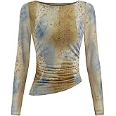 CIDER Womens Floral Print Long Sleeve Top Ruched Slim Fit Y2K Fashion Shirt