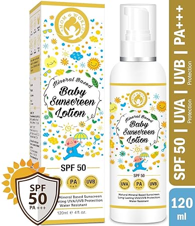Mom & World Mineral Based Baby Sunscreen Lotion, SPF 50 PA+++, 120ml - UVA/UVB Protection, Water Resistance