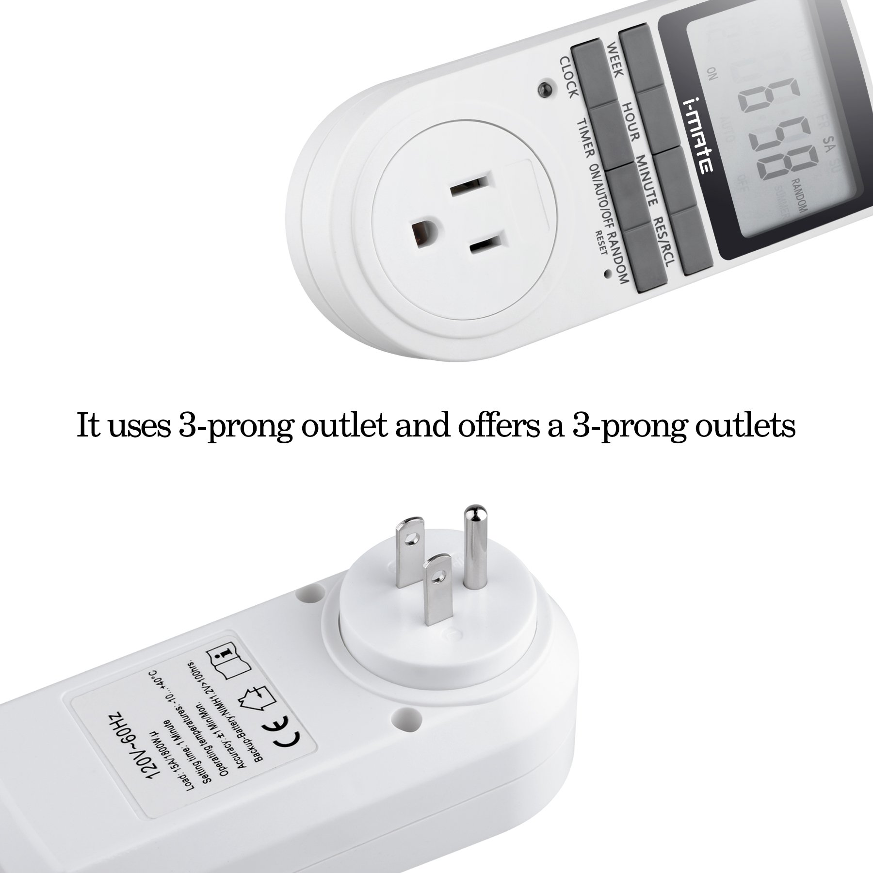 i-Mate 7-day Programmable Plug-in Digital Timer Switch Large LCD Display with Programmable Daily/Weekly Schedule Compatible with 120V, 3-Prong Wall Outlets for Lights and Appliances