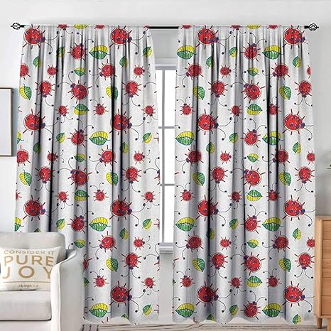 Amazon Nuomanan ロッドポケットカーテン てんとう虫 かわいい手描き いたいたいたいたずら 漫画の葉 虫 抽象的な装飾 自然のイラスト マルチカラー 断熱 部屋を暗くする遮光ドレープ 寝室用 54 W X 72 L ラグ カーテン ファブリック オンライン通販