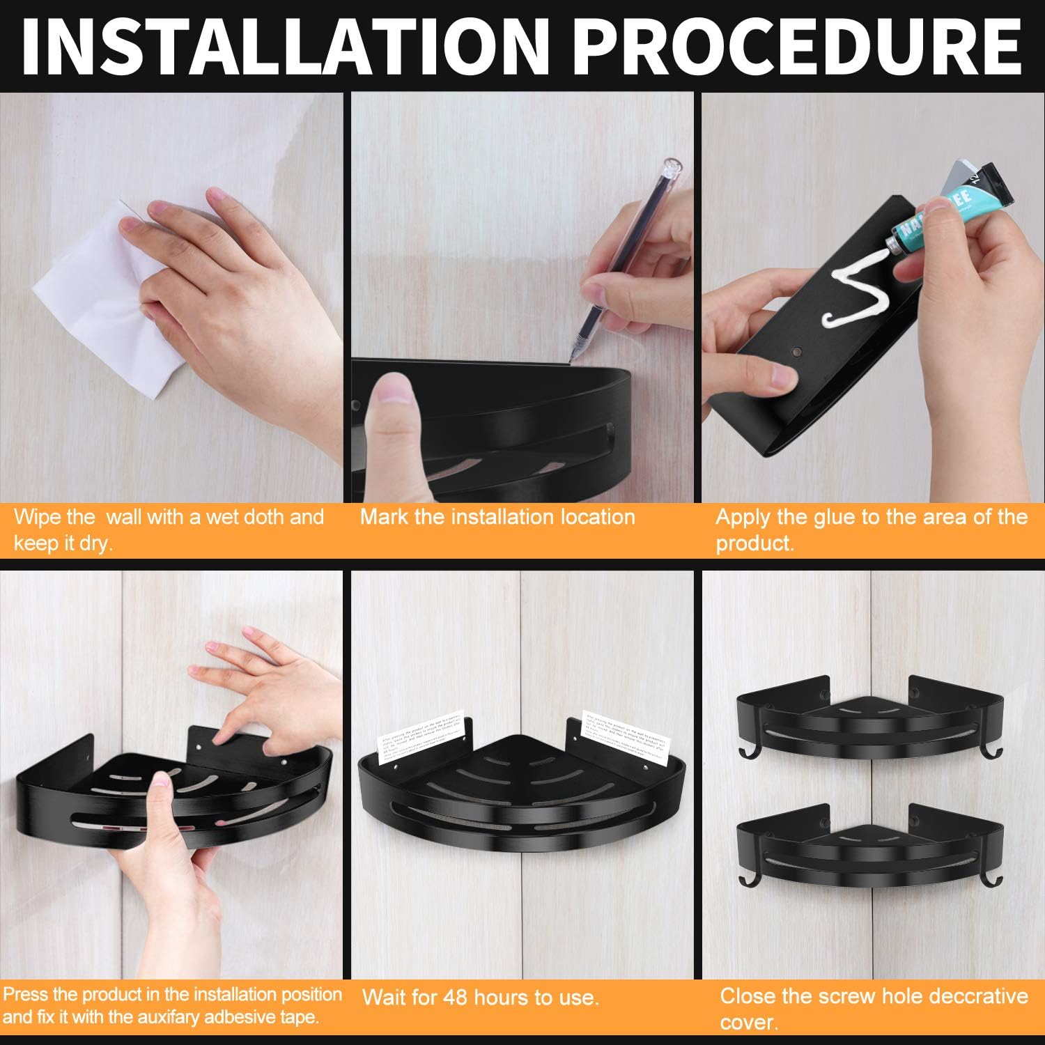 AK KYC Shower Corner Shelf Shower Caddy Nail Free Wall Mounted Bathroom Shelves-Adhesive(No Drilling)in 2 Pack with 4 Removable Hooks Rustproof Aluminum Basket Organizer Hanging Storage kitchen-Black: Home Improvement