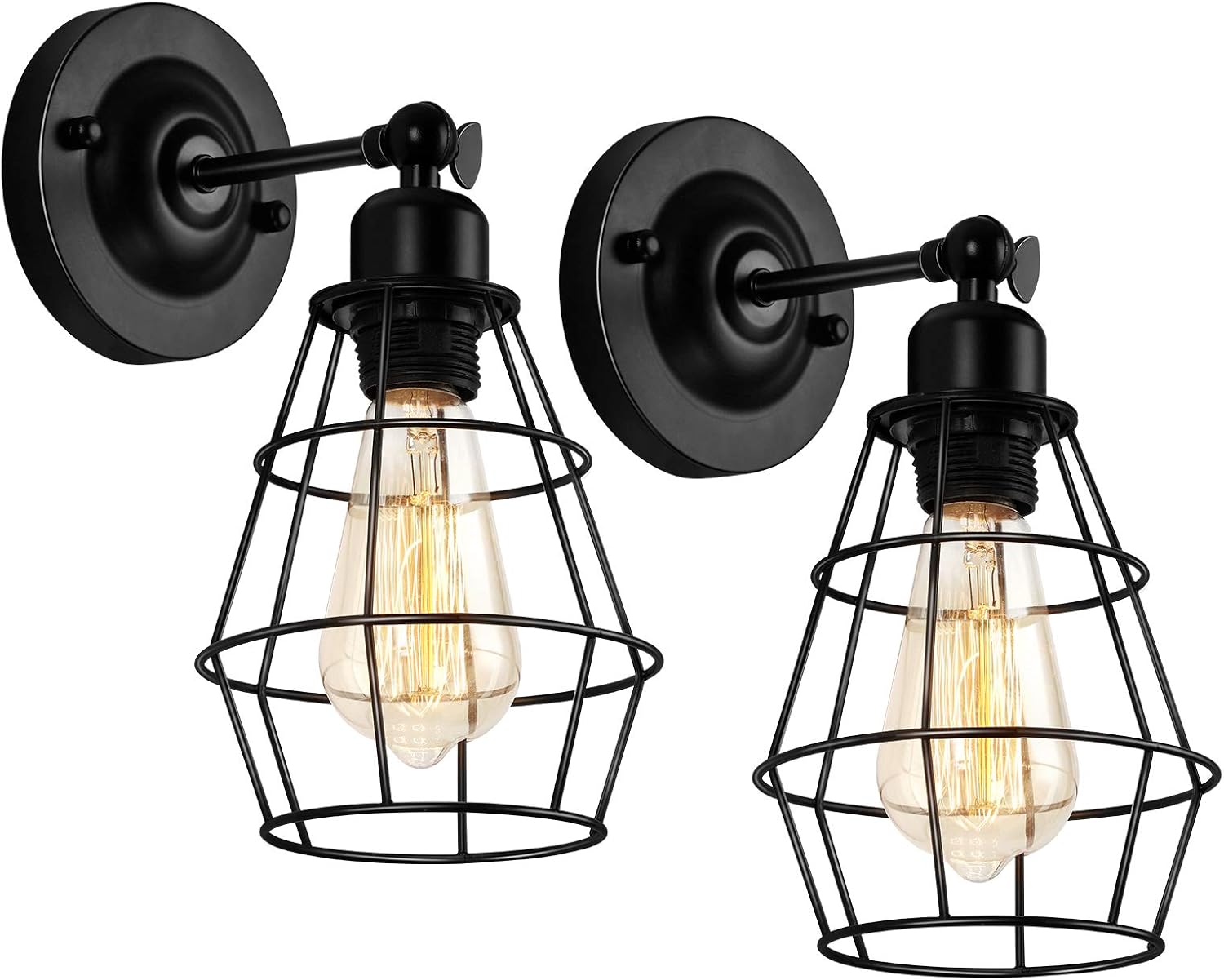 Wire Cage Wall Sconces Industrial Plug in Wall Lamp Vintage Style Wall Light Fixture with E26 Base & Button Switch for Headboard Bedroom Porch Living Room Entryway - 2 Pack