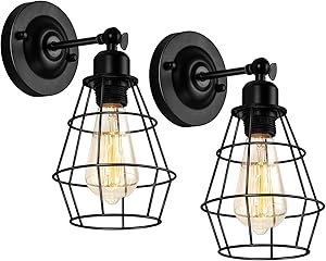 Wire Cage Wall Sconces Industrial Plug in Wall Lamp Vintage Style Wall Light Fixture with E26 Base & Button Switch for Headboard Bedroom Porch Living Room Entryway - 2 Pack