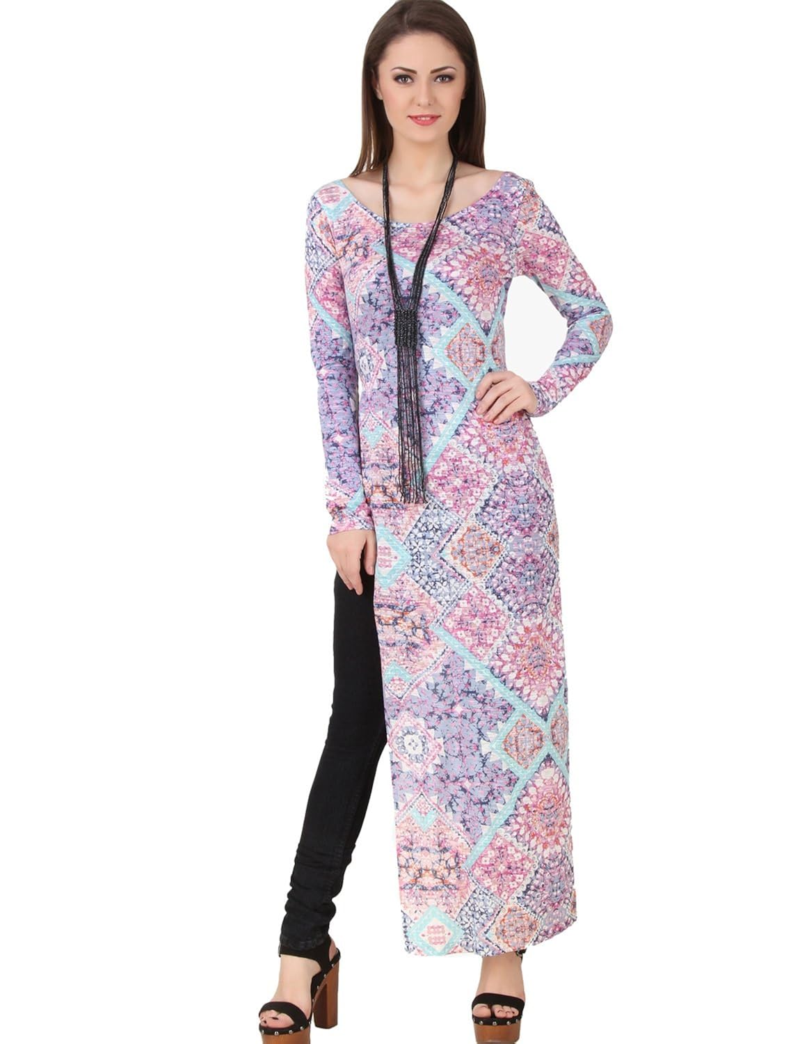 texco abstract pattern printed high slit women maxi dress