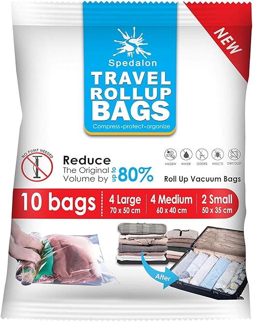 Travel Roll Up Bags Pack of 10 (4 Large + 4 Medium + 2 Small) RollUp Compression Storage