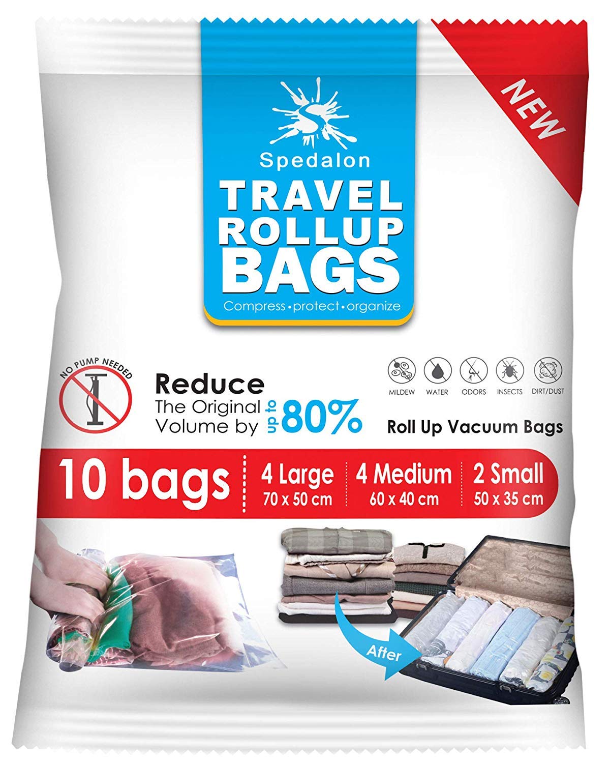 Travel Roll Up Bags – Pack of 10 (4 Large + 4 Medium...