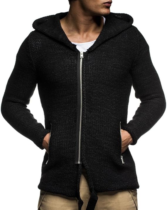 LEIF NELSON Herren Strick-Jacke mit Kapuze Slim Fit Grobstrick | Moderner schwarzer Herren Hoodie-Sweatjacke-Winterjacke Lang