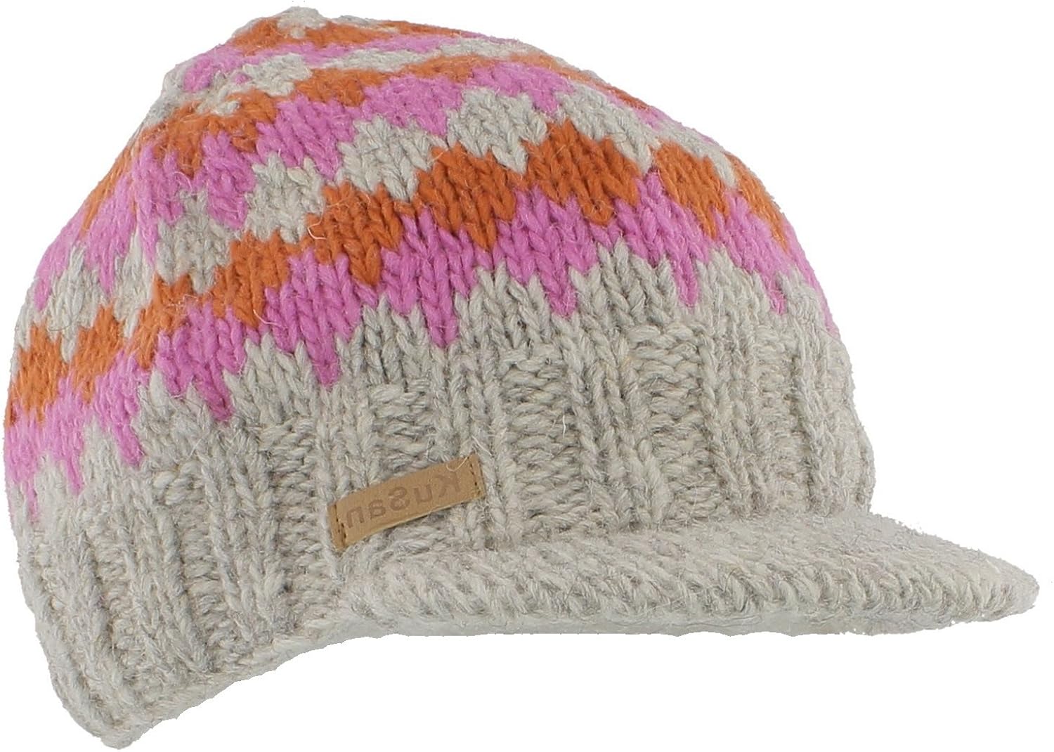 Kusan (KU1603 Ladies 100 Wool Knitted Beanie Cap with Peak (Grey/Pink