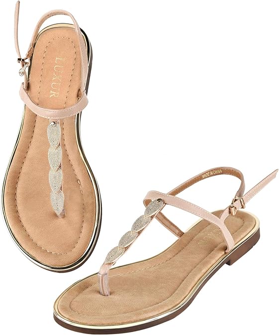 LUXUR Women's T-Strap Buckle Flat Thong Sandals