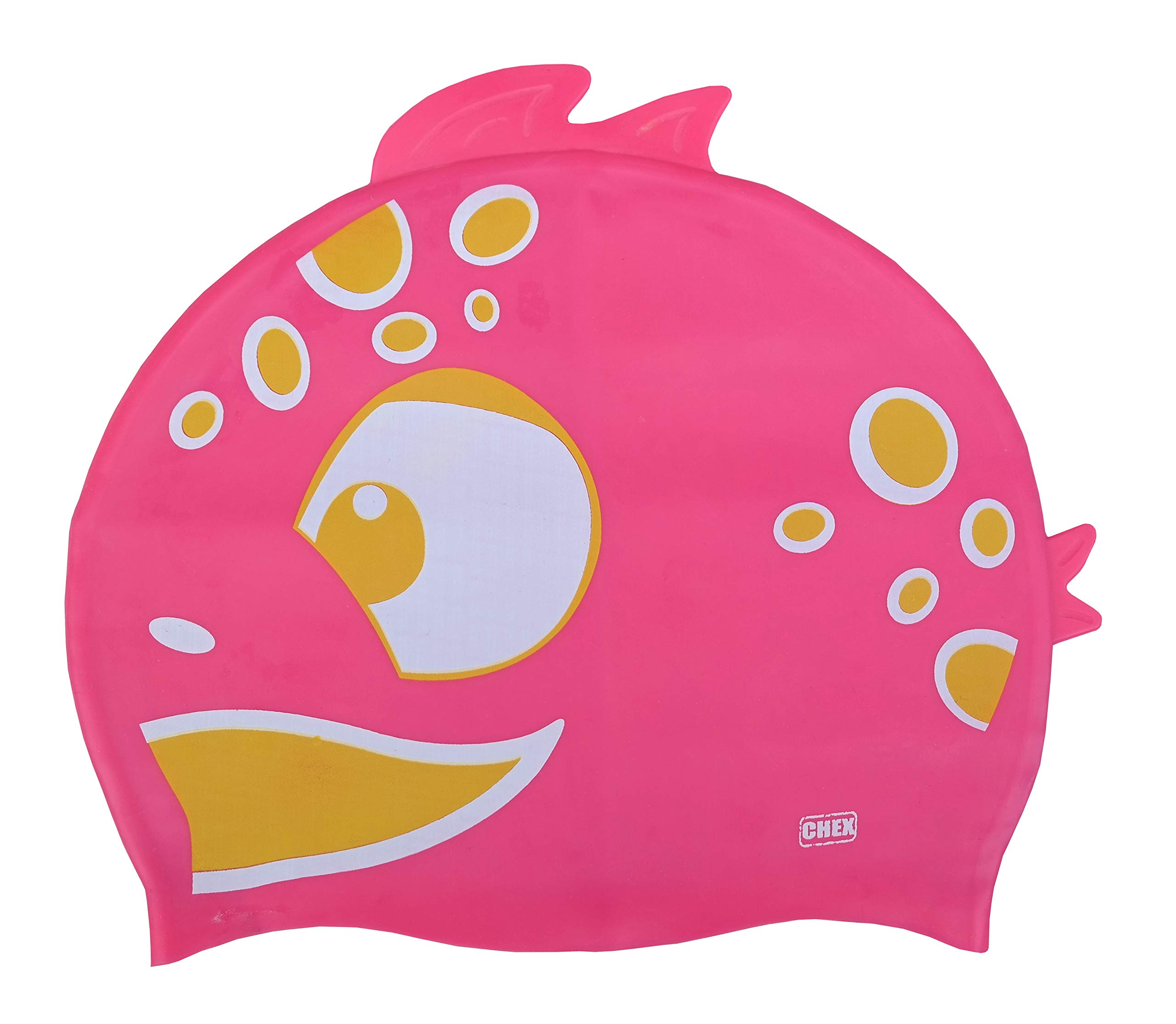 CHEX Stretchy Silicone Unisex Girls Boys 3-7 Years One Piece Swimming Hat Swim Cap Spotty Fish Double Fin Print Design One Size Pull On Swim Hat (Pink)