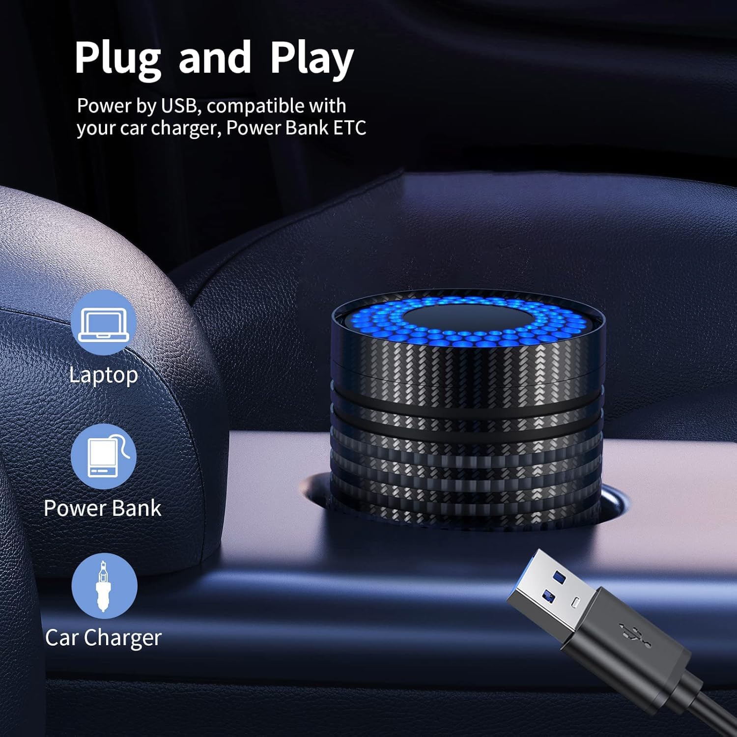 QUEENTY Car Air Purifier, Air Purifier for Car with True HEPA Filter, H13 HEPA Filter Clean Air 99.97% of Dust,Portable Car Accessories for Traveling,Vehicle Use(Carbon Fiber)