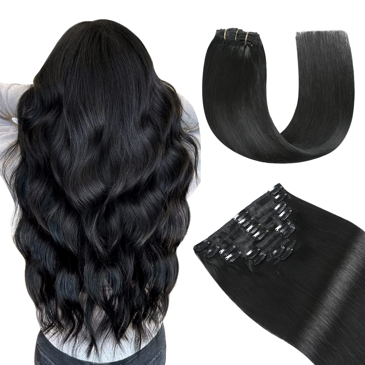 Yilite Clip in Hair Extensions Real Human Hair 20 Inch Human Hair Clip in Extensions Jet Black Invisible Natural Remy Straight Double Weft 8pcs 120g/Pack #1 Jet Black