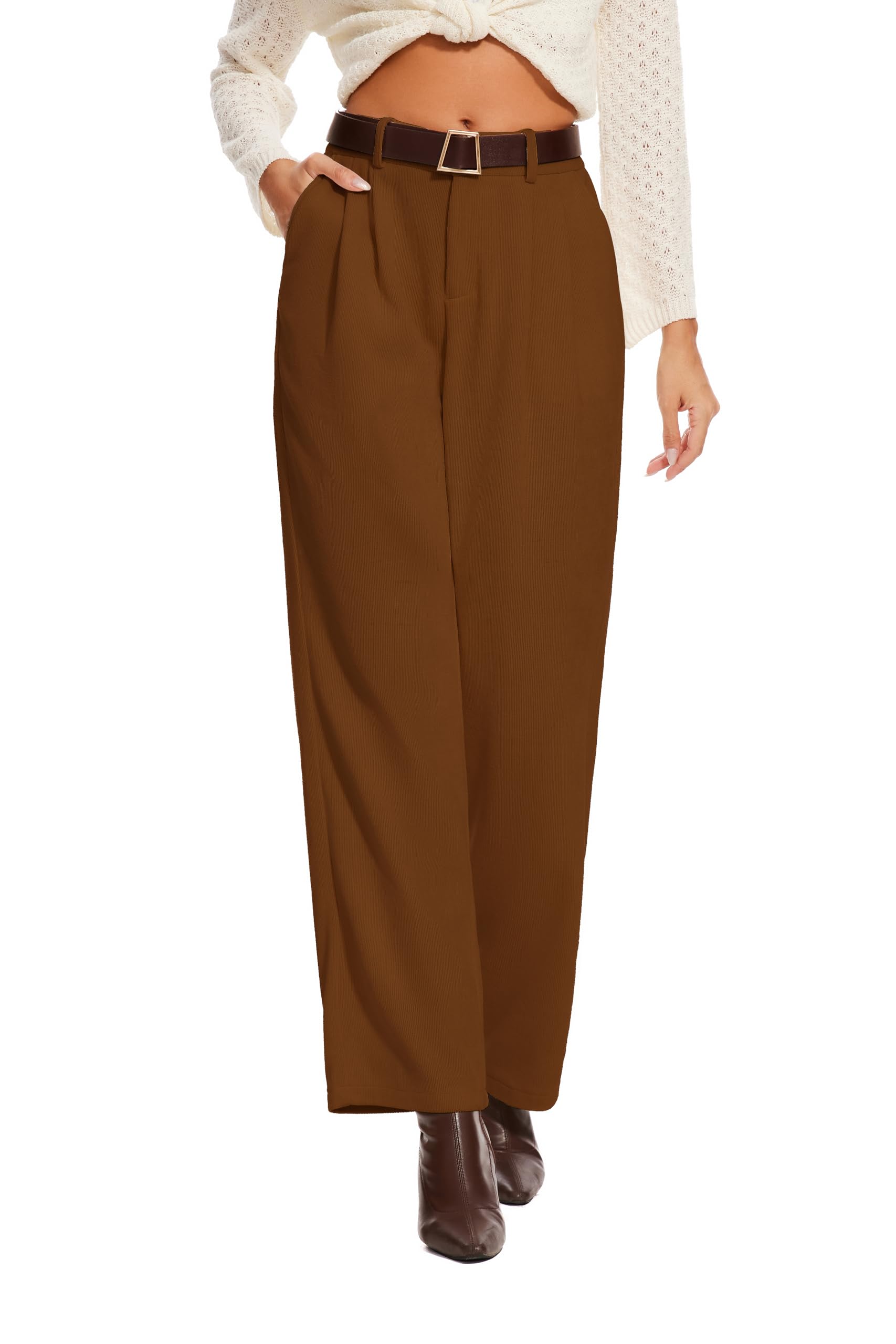 Photo 1 of KICZOY Women's Corduroy Winter High Rise Pant Casual Fall Straight Leg Elastic Waist Pants Street Pant for Work