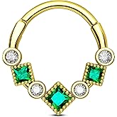 OUFER Gold Septum Ring, 16G Green CZ Septum Piercing Jewelry, 316L Surgical Steel Septum Jewelry, Hinged Segment Daith Helix Cartilage Earrings For Women