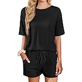 Ekouaer Short Sleeve Pajamas Set Ribbed Knit Lounge Sets for Women Pjs Shorts Set Two Piece Shorts Outfits Set