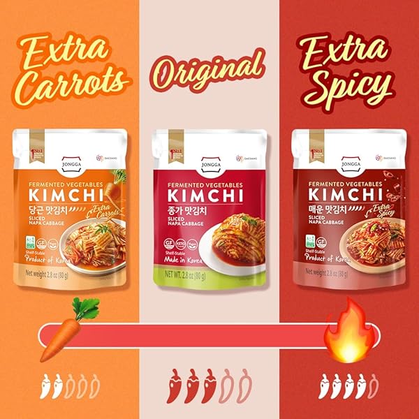 SPICY PREMIUM FERMENTED KIMCHI NAPA CABBAGE [ FUN SIZE POUCH PACK OF 8] – [ORIGINAL] – (GLUTEN FREE / KETO / VEGAN) | 0 FAT/ 0 SUGAR/ 0 CHOLESTEROL | LONG SHELF LIFE | PERFECT FOR RAMEN & STIR-FRIES – JONGGA
