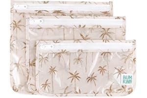 Bumkins Travel Bag, Toiletry, TSA Approved Pouch, Zip Bag, Quart Size Airline Compliant, Clear-Sided, Baby, Diaper Bag Organization, Makeup, Accessories, Packing, Set of 3 Sizes, Palm Trees