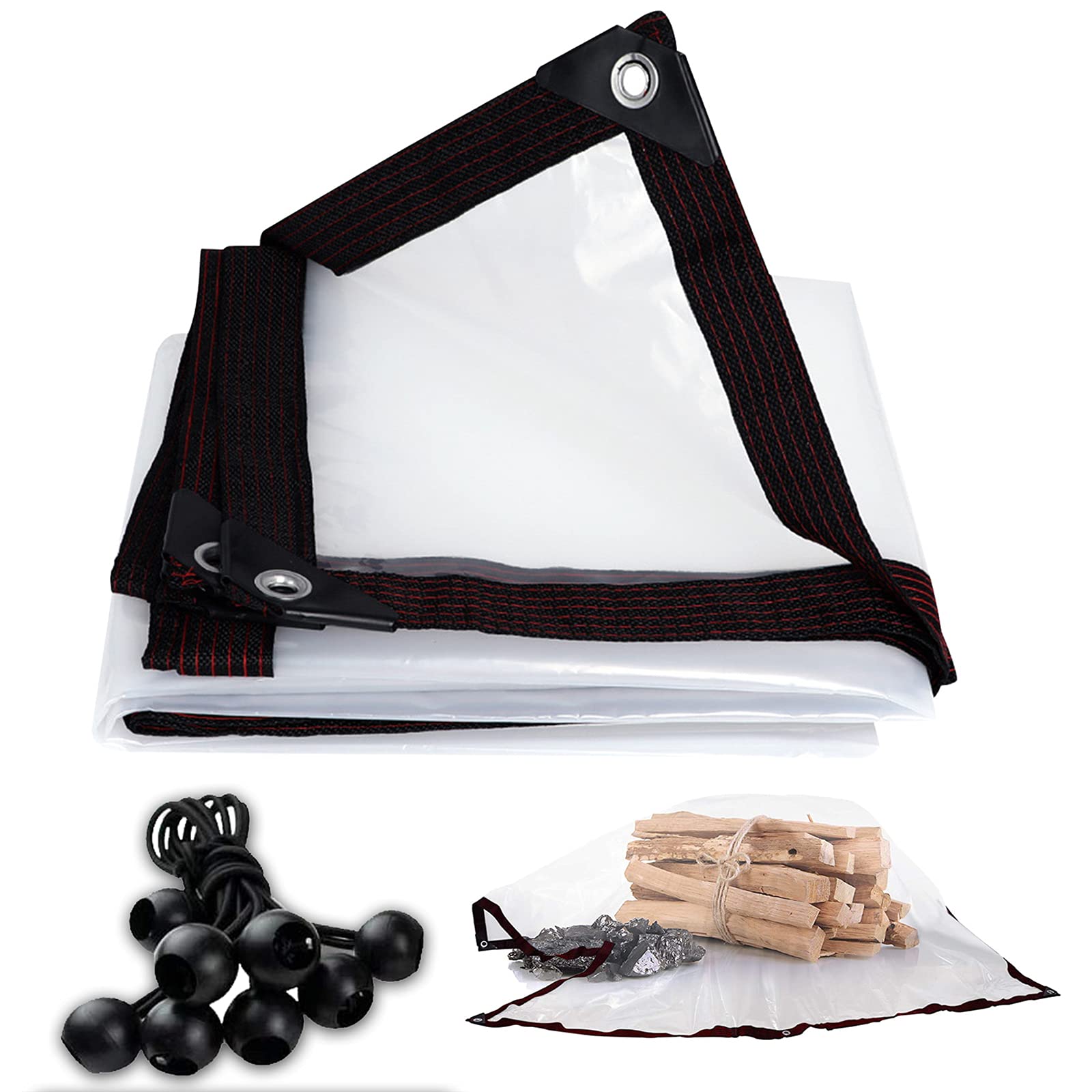 3m x 3m Clear Tarpaulin Waterproof Heavy Duty Clear Tarpaulin Sheet Transparent Clear Tarps Sheet Cover with Eyelets Bungees Ball Cord Plant Tarps Cover for Camping Fishing Gardening
