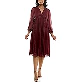 Maison Tara Womens Long Sleeve Shimmer V Neck Twist Empire Waist Pleated Midi Dress