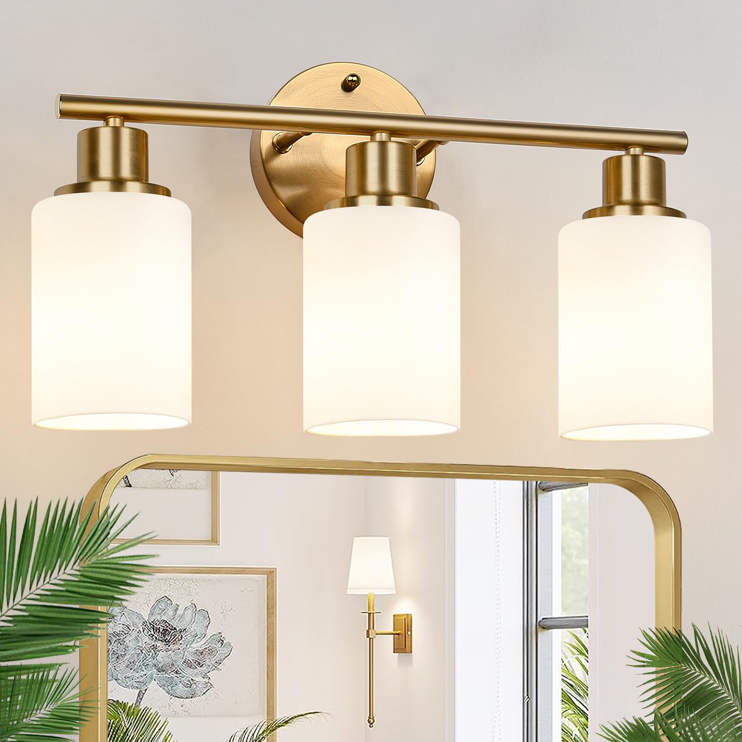 Photo 1 of Zarbitta 3-Light Bathroom Light Fixtures, Brushed Gold Vanity Light, Farmhouse Wall Lights with Milky White Frosted Glass Shades, Bathroom Wall Lamp for Mirror Kitchen Bedroom Hallway Living Room