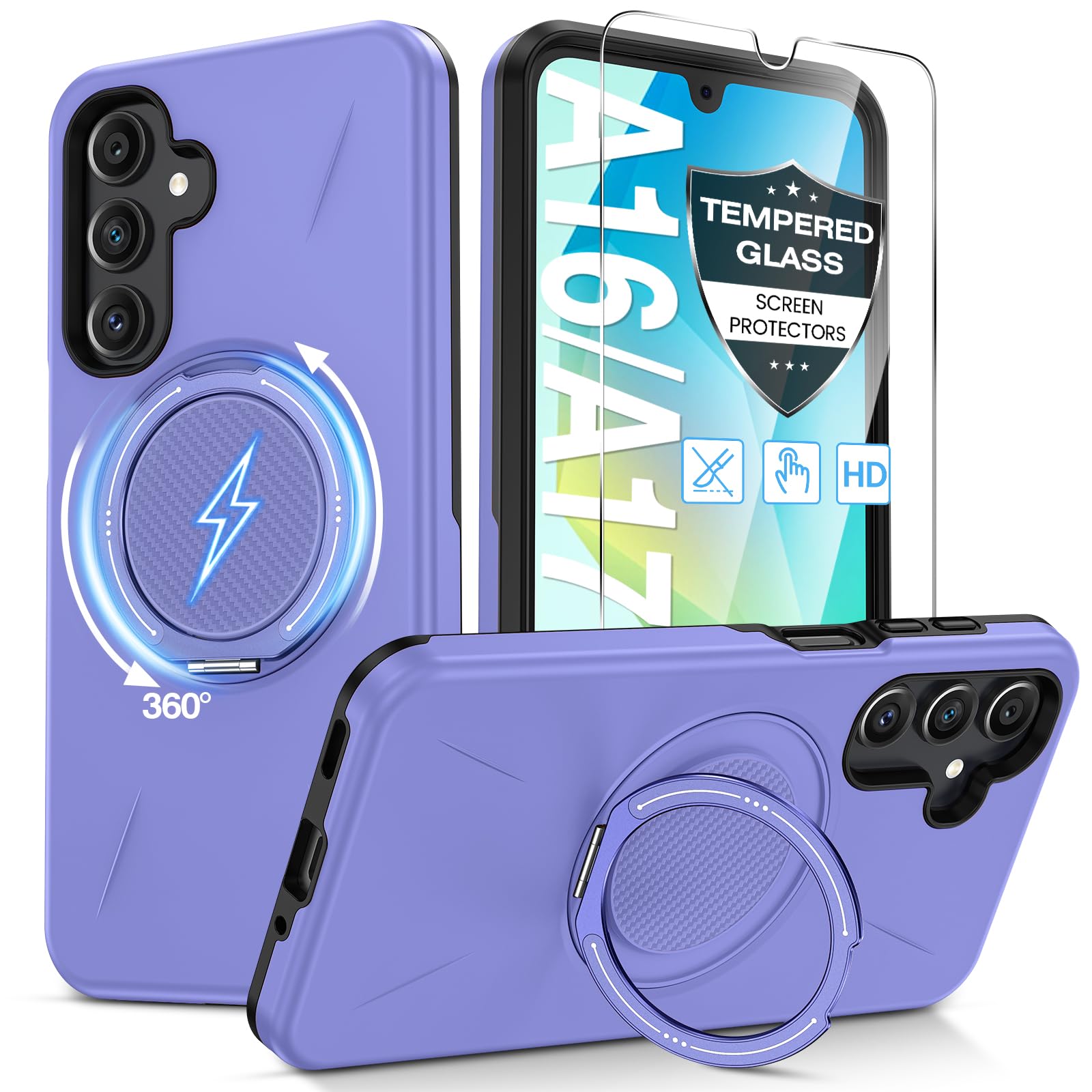 for Samsung Galaxy A16/A17 5G Phone Case with 360° Kickstand Ring & Tempered Glass Screen Protector [Compatible with MagSafe], Dual-Layer PC & TPU Shockproof Bumper Case for A16 5G/A17 4G 5G Purple