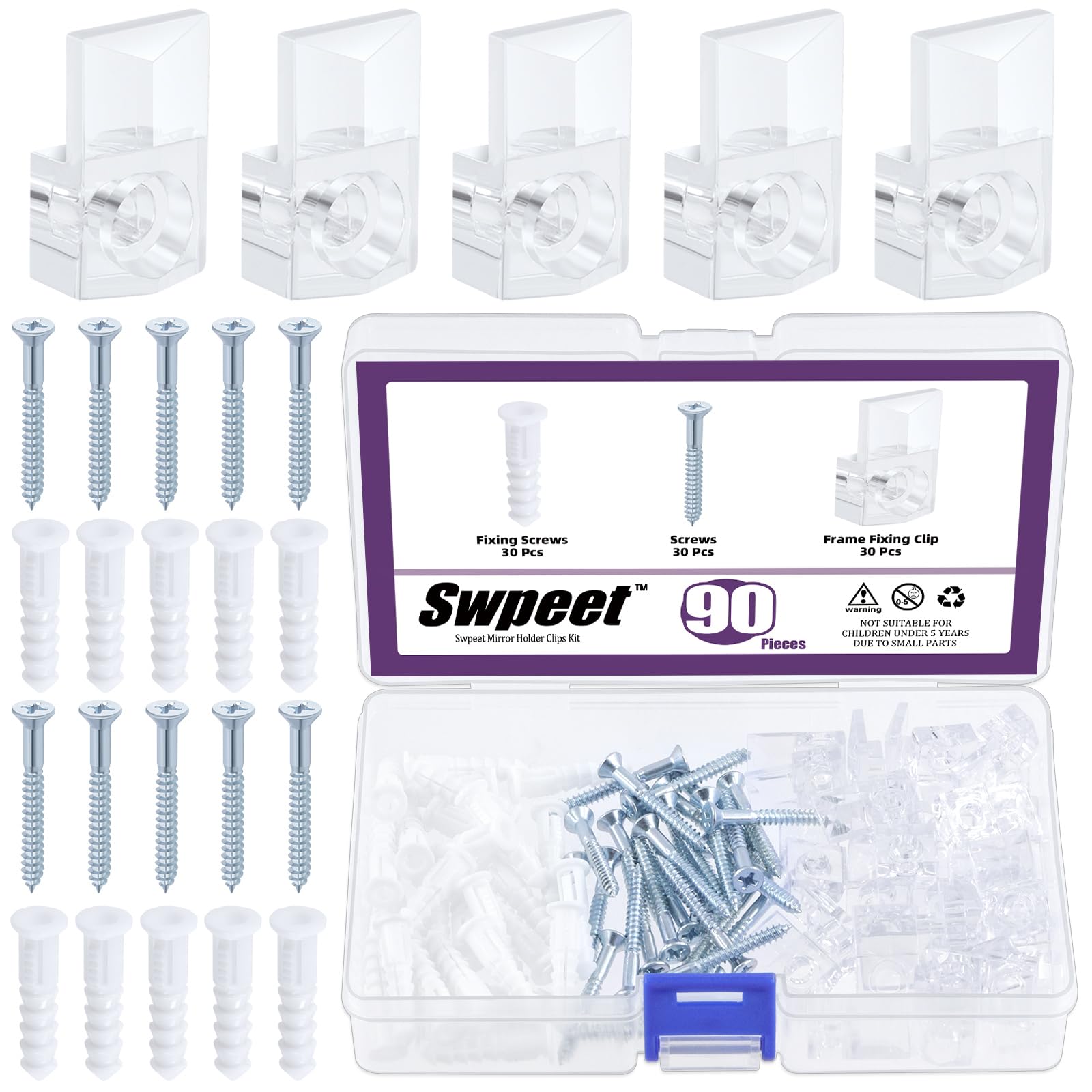 Swpeet 30 Sets Clear Plastic Mirror Holder Clips Kit with Screws, Retainer Clips Kit, Mirror Hanging kit, Clear Plastic Mirror Mounting Clips, Mirror Hanging Hardware for Fixing Cabinet Door(C Style)