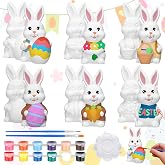CroBlissful 6 Paint Your Own Ceramic Bunny Figures with Brushes Paint | Traditional Easter Bunny Craft, Unpainted Ceramic with 12 Color Palette Brushes, Spring Art Activity for Kids Adults