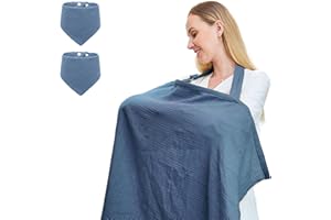 TATAVR Muslin Nursing Cover for Breastfeeding, Breathable 100% Cotton Privacy Nursing Covers with Rigid Hoop for Mother Nursing Apron, Include Two Baby Bibs, Soft Arch Neckline Nursing Apron
