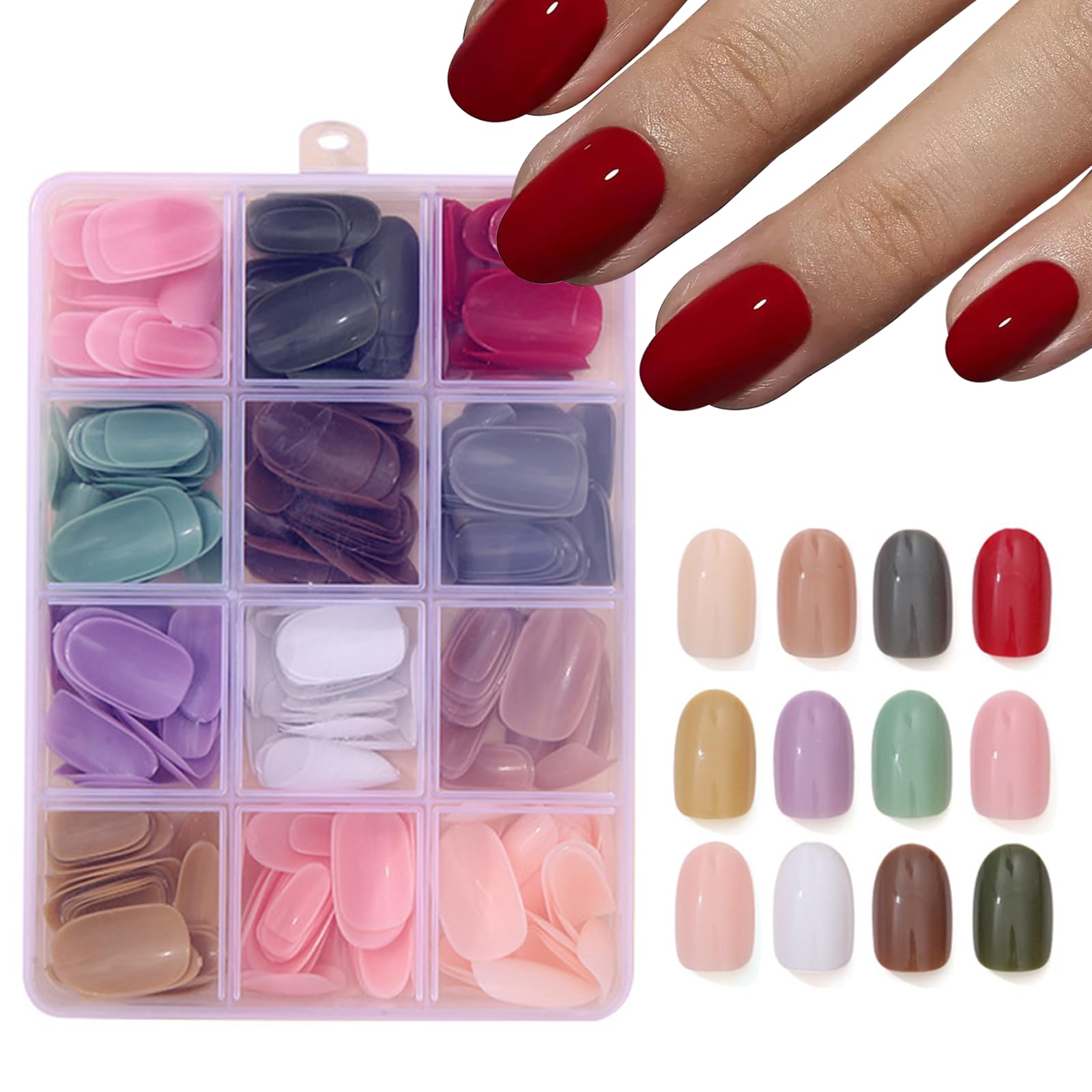 Photo 1 of 288Pcs Short Press on Nails 12Packs Almond Fake Nails Solid Color Glossy Nature False Nail Tips Full Cover Oval Acrylic Nails Press ons for Women Girls Daily Wear Manicure Art 12 Colors