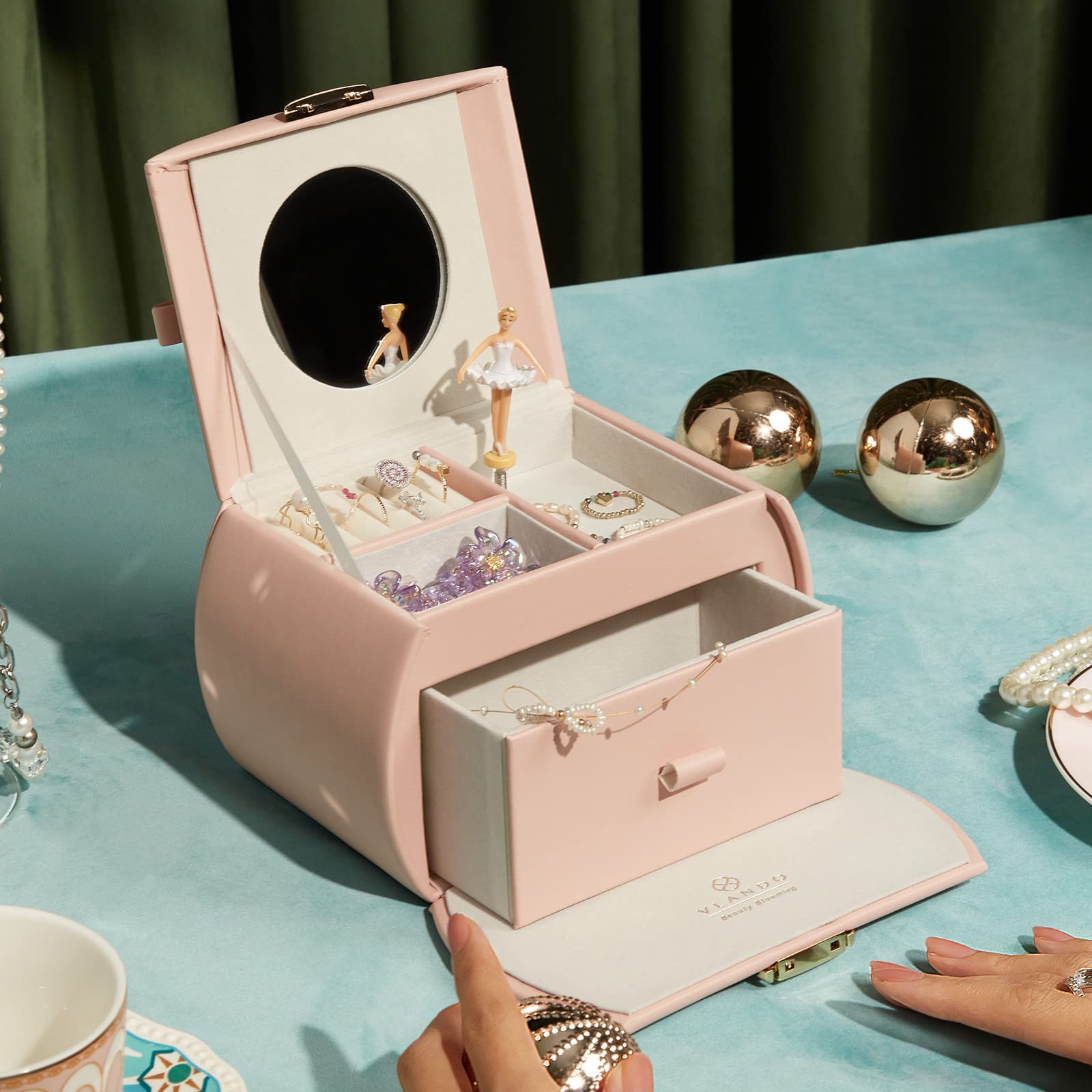 Vlando Kids Musical Jewelry Box for Girls with Drawer, Music Box with Ballerina and Stickers for Birthday Bedroom Decor, Gifts for Girls Kids - Pink