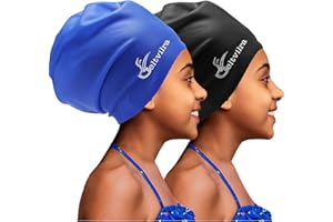 GELTVILRA 2 Pack Kids Extra Large Swim Cap for Long Thick Hair, Waterproof Silicone Swimming Hat for Girls Aged 4 to 16 Boys Toddler Children Youth, Hair Turban Protection for Braids Dreadlocks Extensions Afros