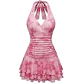 WDIRARA Women's Y2k Leopard Print Halter Dress Tie Backless Layered Ruffle Hem Mini Dresses Cheetah Mesh Dress