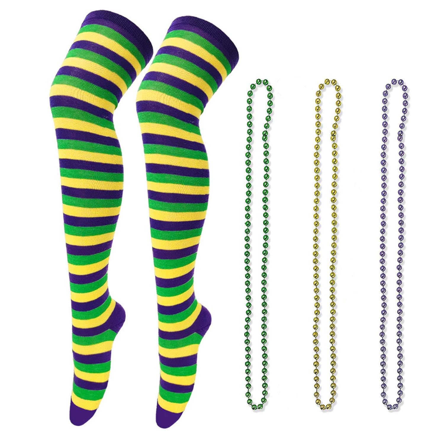 HIXNUG 4 Pieces Mardi Gras Costume Accessories Set Mardi Gras Long Striped Stockings Neon Colorful Beads Carnival Necklace with Purple Green Yellow for Men Women Carnival Party Costume