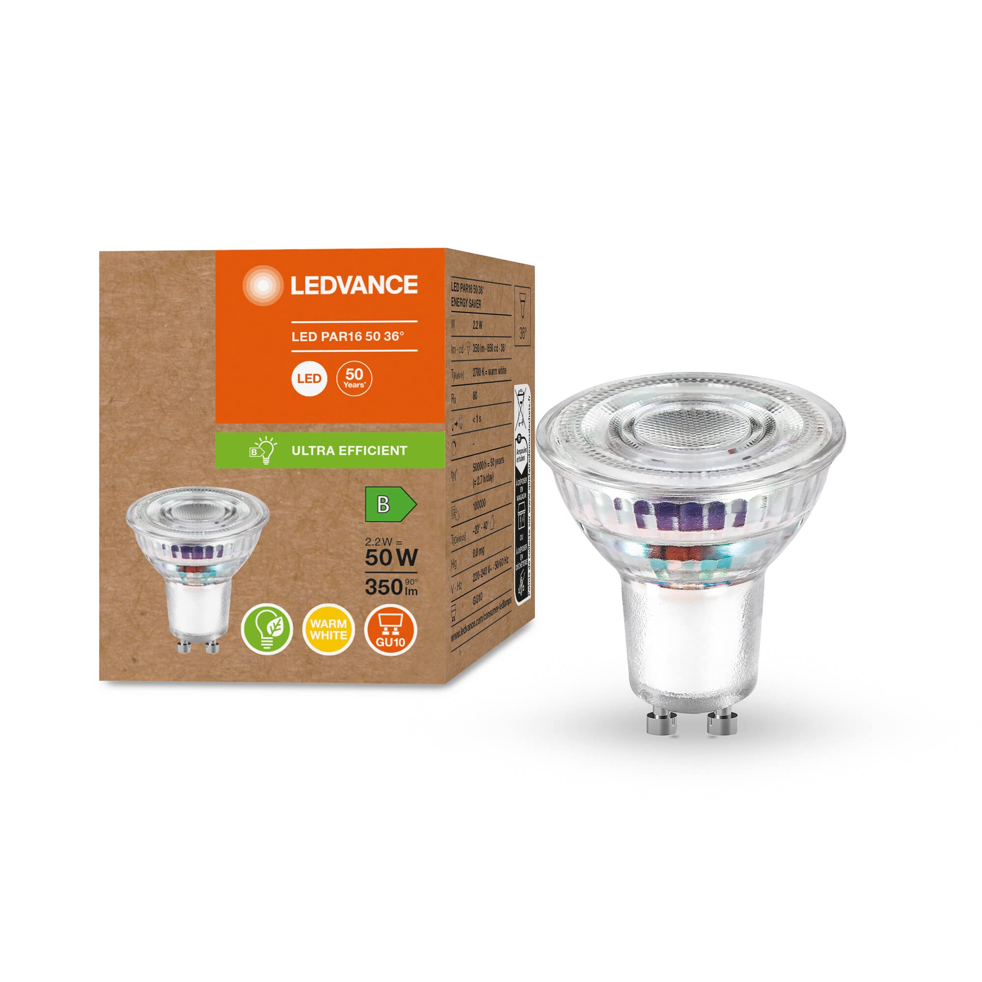 LEDVANCE Energy Saving lamp, PAR16 Reflector, GU10, Warm White (3000K), 2.1 watt, Replaces 50W Bulb, Highly efficient and Energy Saving, Pack of 6