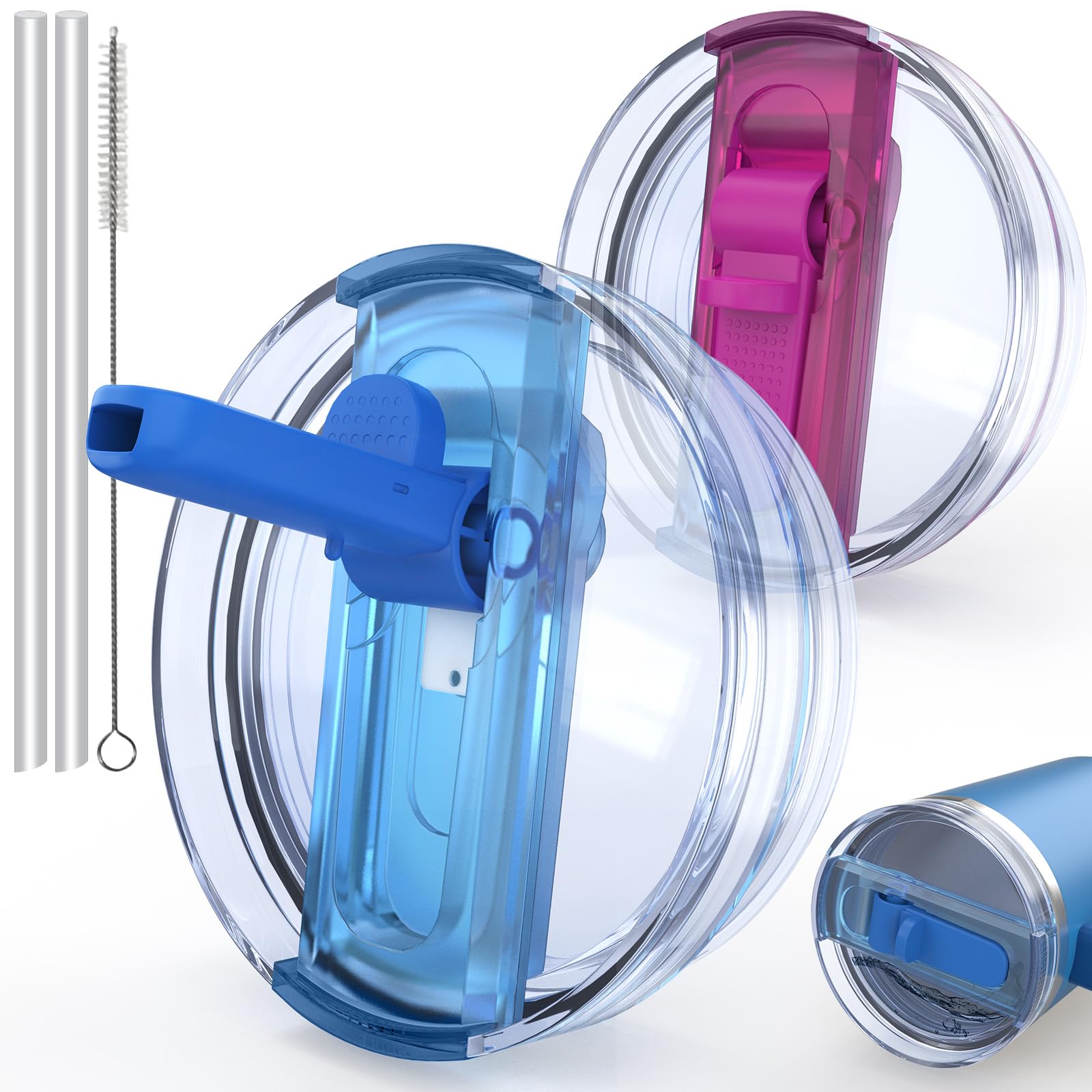 Photo 1 of 2 PCS Spill Proof Tumbler Flip Straw Lid for Stanley Cup 40oz, Replacement Leak Proof Tumbler Lid Fit for Quencher, Reusable Tumbler Cover 40oz Stanley Cup Accessories(Rose Red+Blue)