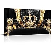 Saypeacher Vintage Gold Crown Canvas Wall Art Black and Gold Pictures for Wall King and Queen Crown Painting for Bedroom Modern Decorations 24"x48"