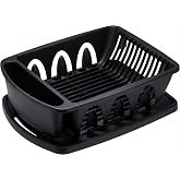 Tribello Sink Dish Drying Rack, Heavy Duty Hard Plastic Drying Rack, Dish Drainer for Kitchen Counter with Drainboard Set, with Silverware Holder - 18 x 13 x 6 (Black) - Made in USA