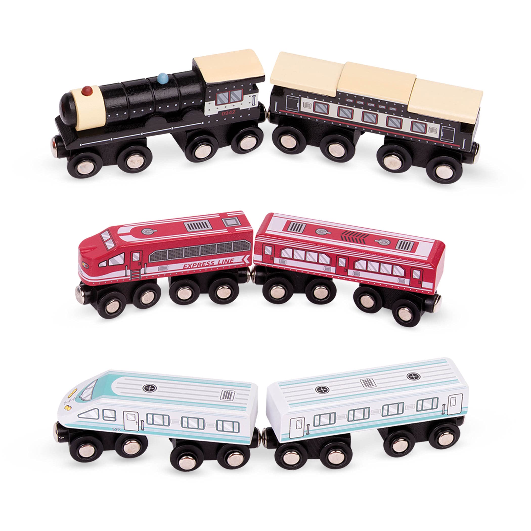 Battat – Classic Magnetic Wooden Trains – 6 Pieces Wooden Railroad Set – Engines & Cars – 3+ Years