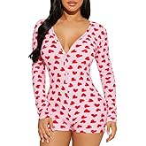 TOISHOLI Women V Neck Shorts Jumpsuit Butt Flap Bodycon Romper Overall Sleepwear Printed Pajama Long Sleeve Bodysuit