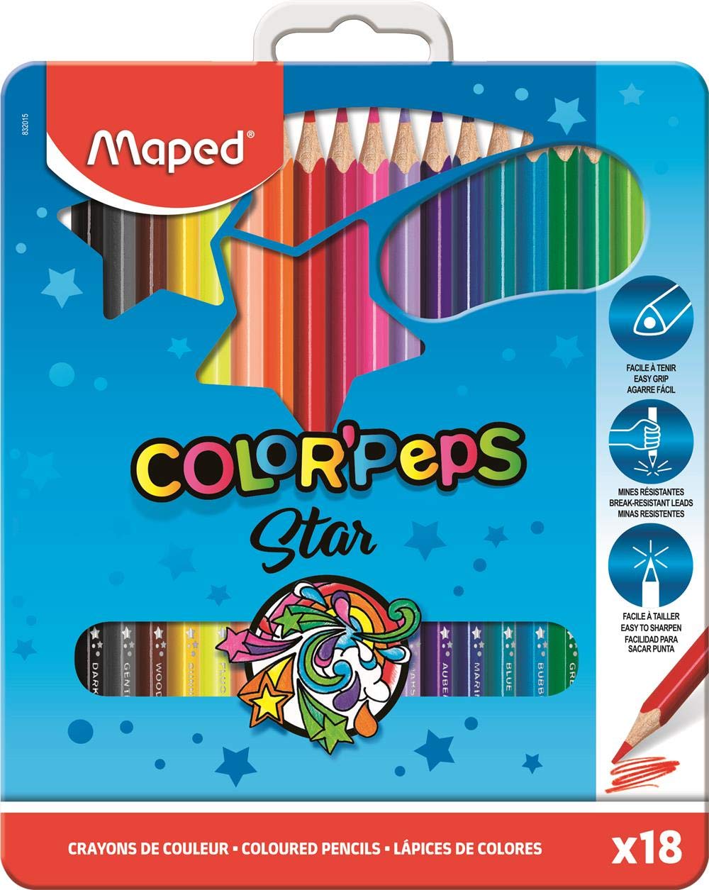 Maped Coloured Pencils 18 Bright Colours Ergonomic Triangular Pencils in Metal Box of 18 Wooden Pencils