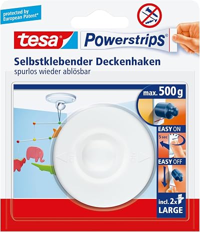tesa Powerstrips Ceiling Hook White Large Adhesive Holds 500 g