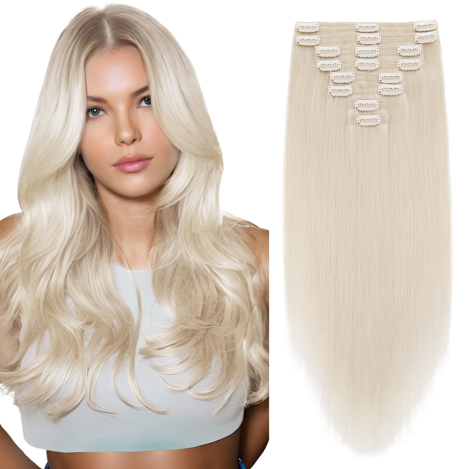 Elailite Hair Extensions Real Human Hair Clip in Blonde Thick Double Weft Remy Natural Hair - 8 Pieces Full Head Straight - #70 Bleach White - 16 Inch (130 g)